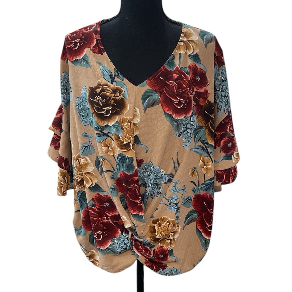 Umgee Red and Blue Flutter Sleeve Blouse Relaxed Fit
